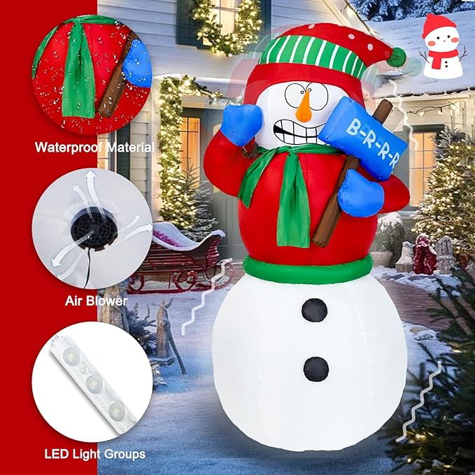 DearSun 6FT Christmas Inflatable Shaking Snowman Wearing Red Sweater Outdoor Inflatable with Build-in LED Lights Big Yard Party Decoration