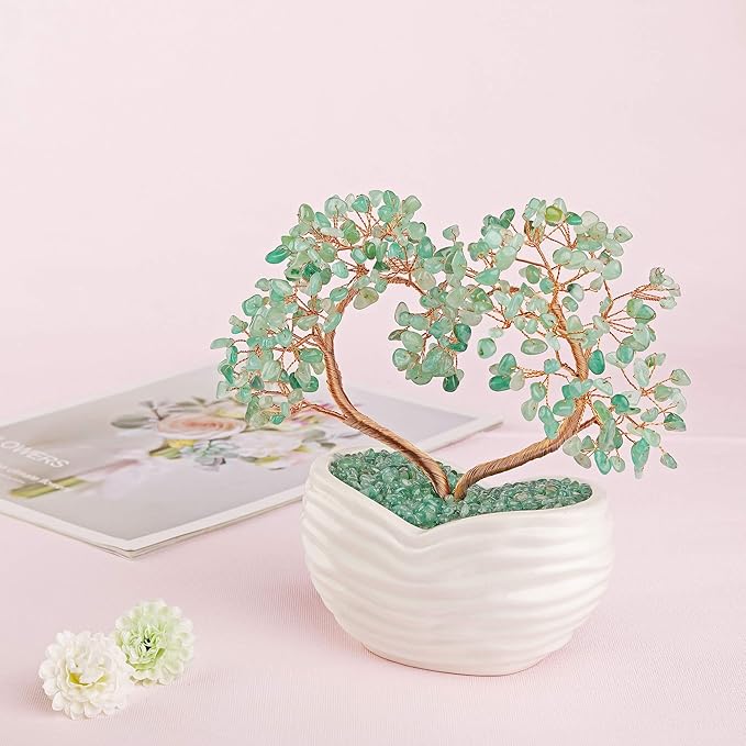 Jovivi Green Aventurine Gemstone Heart Money Tree Feng Shui Bonsai for Reiki Healing Chakra Stone Balancing Energy Generator Spiritual Meditation Home Interior Office Decor 7.87"-8.26"
