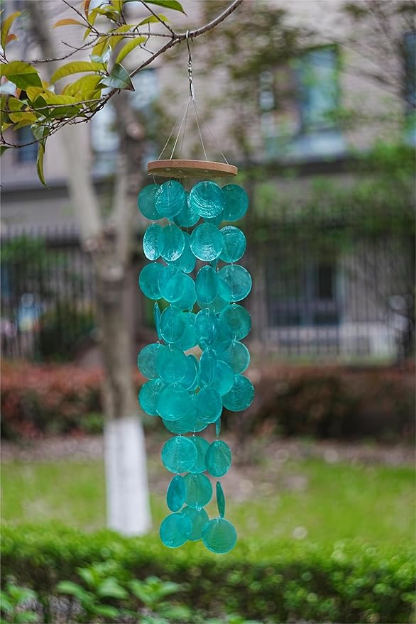 Capiz Shell Wind Chime for Outside 28” Sea Glass Wind Chime Ocean/Beach Themed Chime Gift for Women Mother’s Day Decoration Atrovirens