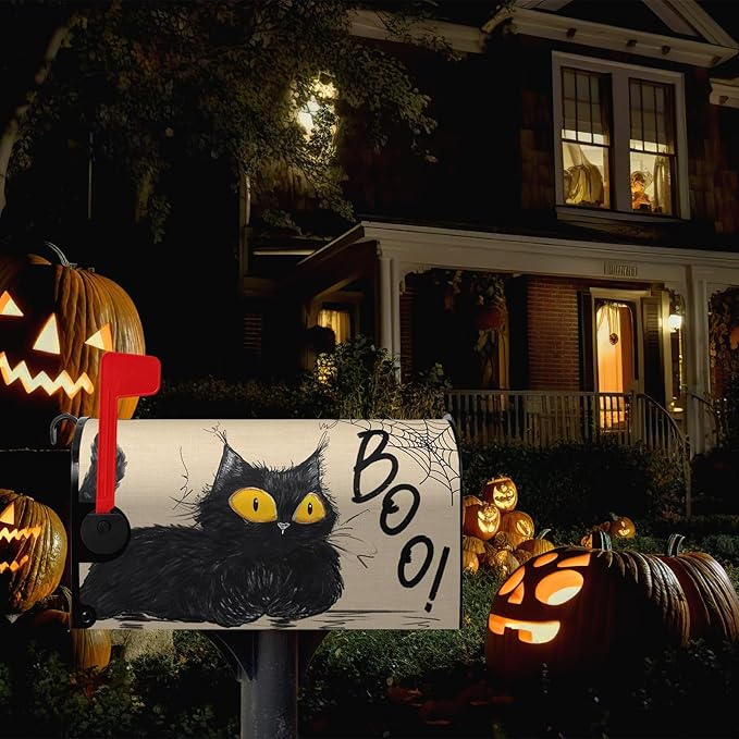 Halloween Cat Mailbox Covers - Magnetic Boo Mailbox Wraps - Standard Size Spider Net - Garden Decorations - 21" X 18"