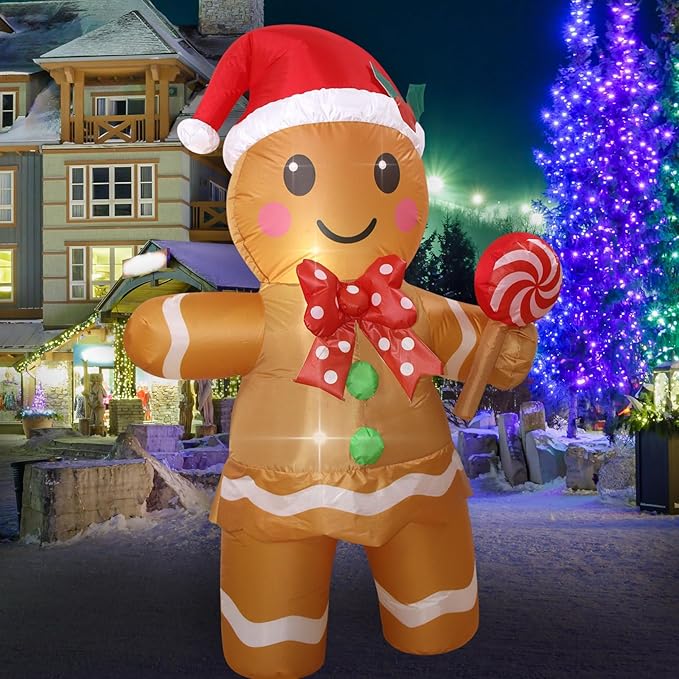 Christmas Inflatables Gingerbread Man Girl Lighted Yard Lawn Inflatable Decoration with Built-in Fan and Stakes Ropes Holiday Party Decor, Christmas Decor (5FT-Gingerbread Girl Holds Candy)