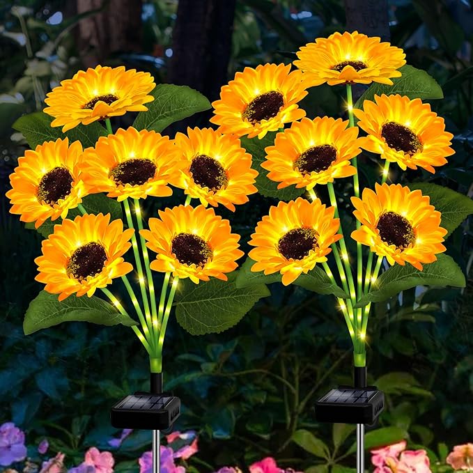 4 Pack with 24 Solar Sunflower Lights Outdoor Decorative Lights for Garden Gift for Mom and Friends, IP65 Waterproof Sunflower Garden Stake Lights for Yard Patio Lawn Pathway