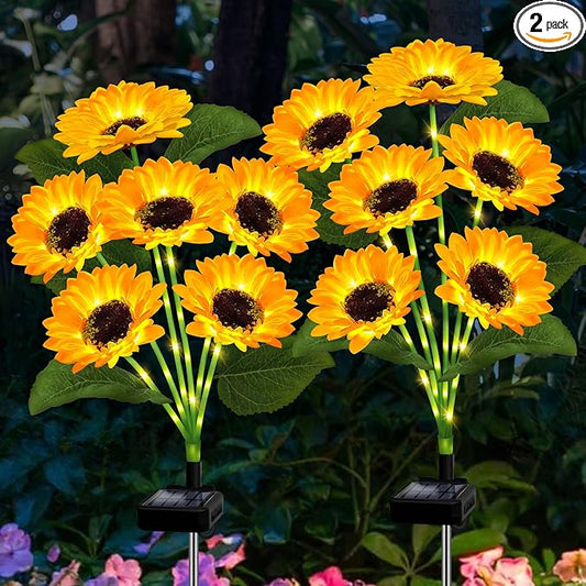 Solar Sunflower Lights 2 Pack with 12 Outdoor Decorative Lights for Garden Gift for Mom and Friends, IP65 Waterproof Sunflower Garden Stake Lights for Yard Patio Lawn Pathway (Warm White)