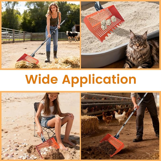 Chicken Poop Scooper for Chicken Coop 304 Stainless Steel Adjustable Angle Durable Sand Sifting Litter Shovel for Farm Animals Cleaning Tools (Orange)