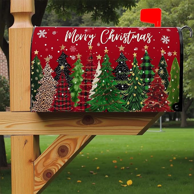 Merry Christmas Large Mailbox Covers Magnetic Oversized Xmas Tree Mail Box Cover Winter Snowflake Mailbox Wraps for Outside Garden Yard 25.5x21 inch Happy New Year Red