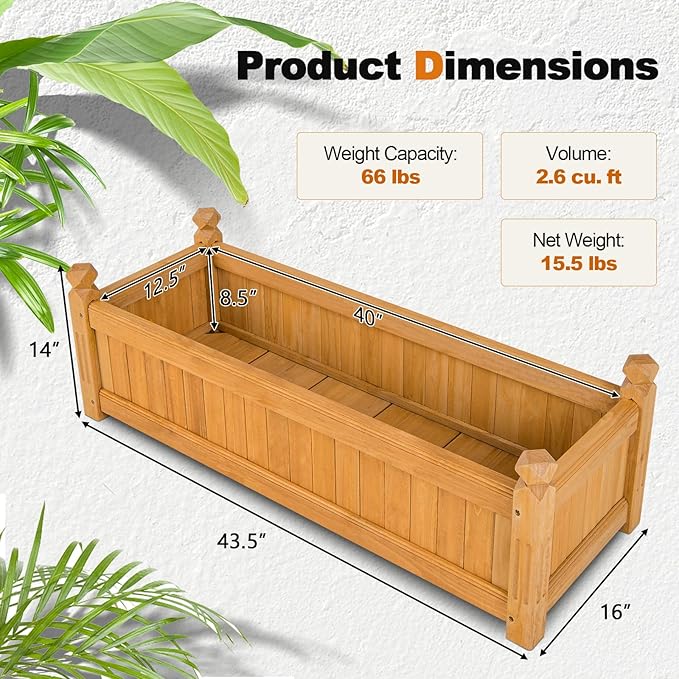 S AFSTAR Wooden Raised Garden Bed, Outdoor Rectangular Plant Box W/Drainage Holes, Wood Raised Planter for Vegetable Fruit Flower, Rise Planter Container for Yard Patio Garden 43.5" L x 16" W x 14" H