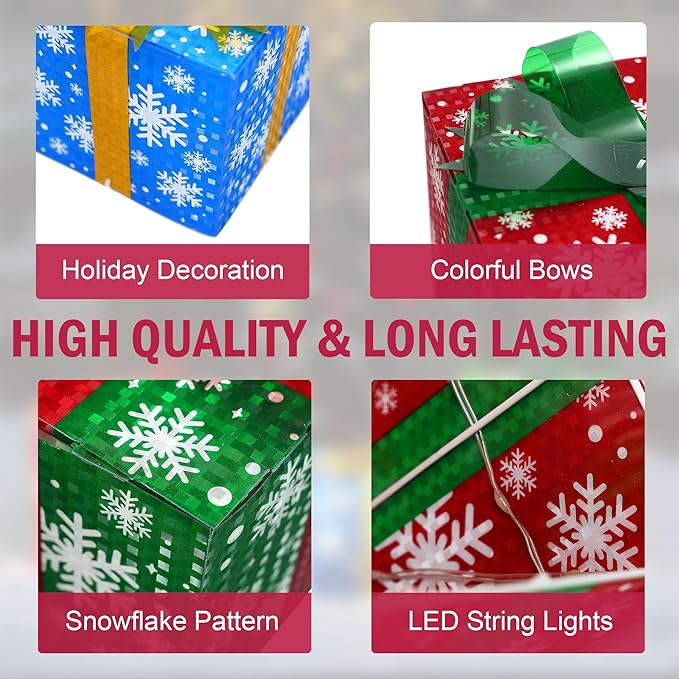 LuxenHome Set of 3 Lighted Gift Boxes, Plug-in Colorful Boxes with Ribbon Bow for Xmas Holiday Display, Lawn, Porch, Under Tree Indoor, Outdoor Christmas Decoration.