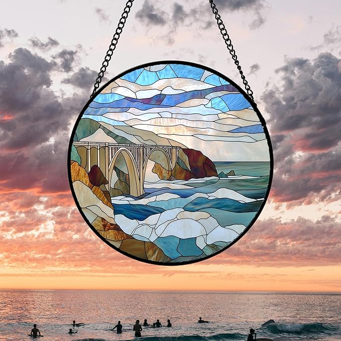 Stained Glass Window Hanging 4 Pcs Set Ocean Waves 7.8" - Blue and White Sea Suncatcher Door Garden Sun Catcher Decor Birthday Christmas for Mom Woman Nana Men