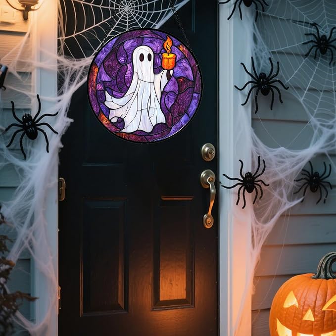 Stained Glass Window Hanging - Halloween Decorations Ghost Suncatcher for Doors Garden Indoor Spooky Funny Purple Sun Catchers Gothic Decor Horror Gifts for Women Men Friend 11.8 in