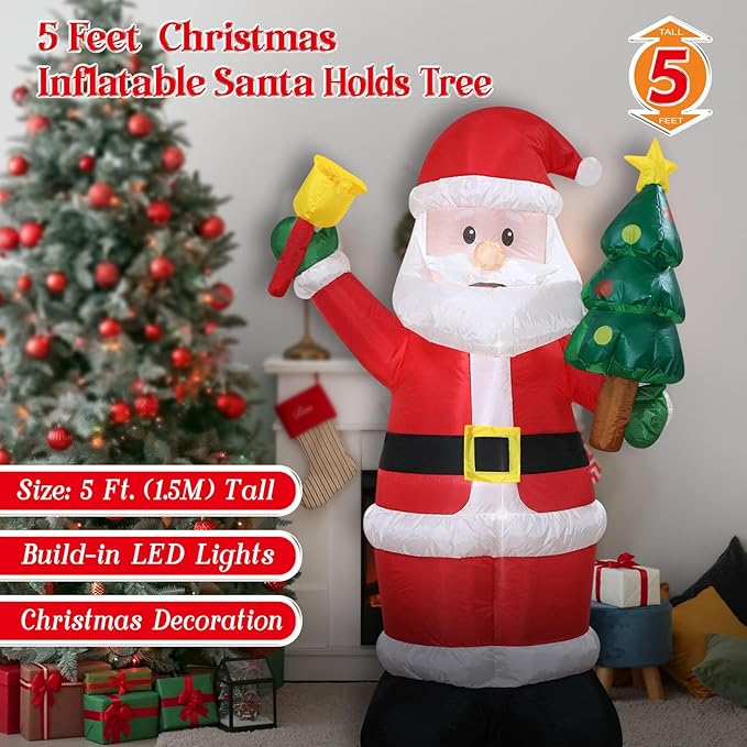 Christmas Inflatables Santa Holds Tree Bell Lighted Yard Lawn Inflatable Decoration with Built-in Fan and Stakes Ropes Holiday Party Decor, Christmas Decor (5FT-Santa Hold Tree & Bell)