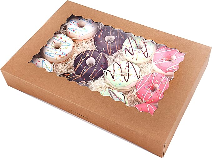 20-Pack 16" x 11" x 2.5" Bakery Boxes with Window Hold 12 Donuts, Auto-Popup Large Cookie Boxes for Pies, Cakes, Muffins, and Pastries (Brown)
