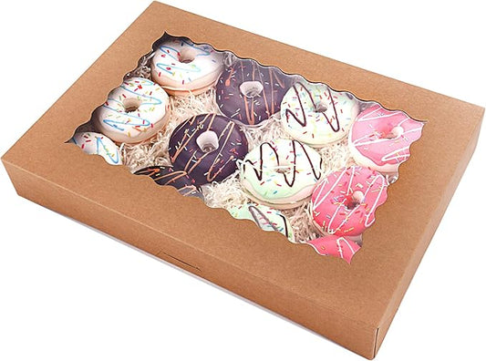 20-Pack 16" x 11" x 2.5" Bakery Boxes with Window Hold 12 Donuts, Auto-Popup Large Cookie Boxes for Pies, Cakes, Muffins, and Pastries (Brown)