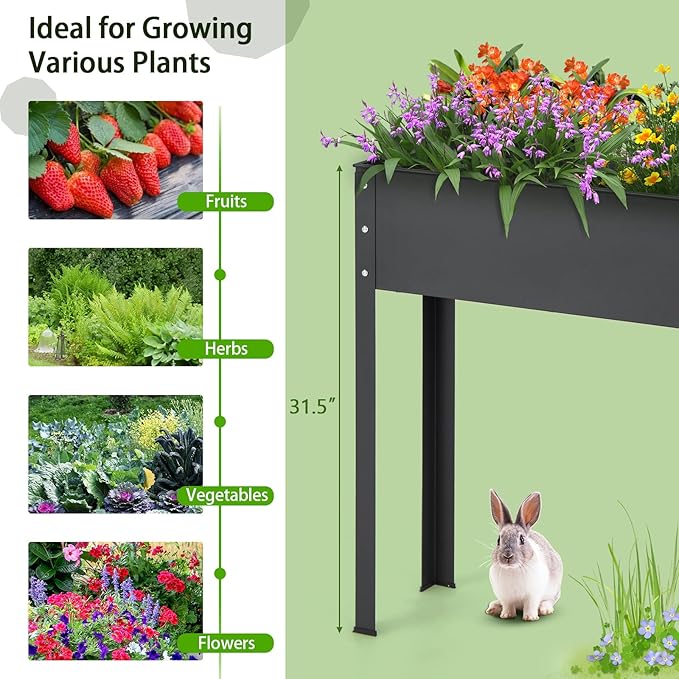 HAPPYGRILL Raised Garden Bed, 31.5” Elevated Planter Box w/Legs, Drainage Hole, Hemming Design, Metal Garden Box for Vegetable Herb, Outdoor Raised Beds for Gardening, Backyard Porch Balcony, Black