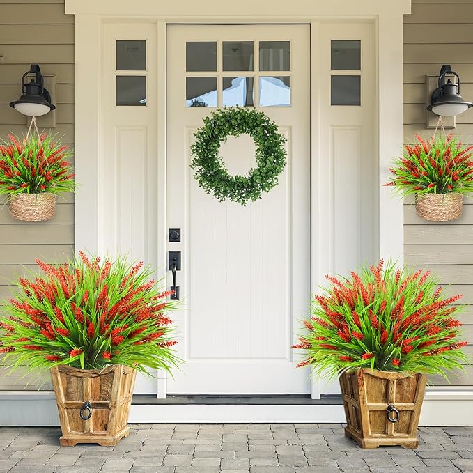 Sggvecsy 24 Bundles Artificial Plants Outdoor Faux Lavender Flowers Fake Monkey Grass UV Resistant Plastic Greenery Plants for Garden Home Porch Window Patio Hanging Planter Indoor Decor (Red)