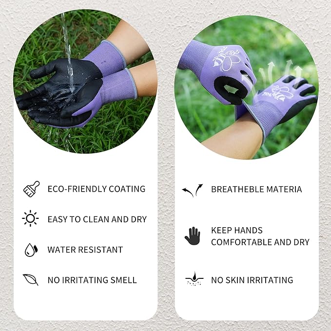 JDL 3 Pairs Nylon Nitrile Coated Gardening Gloves for Women, Touchscreen Yard Garden Gloves, Breathable Safety Work Gloves with Grip, Purple, Small