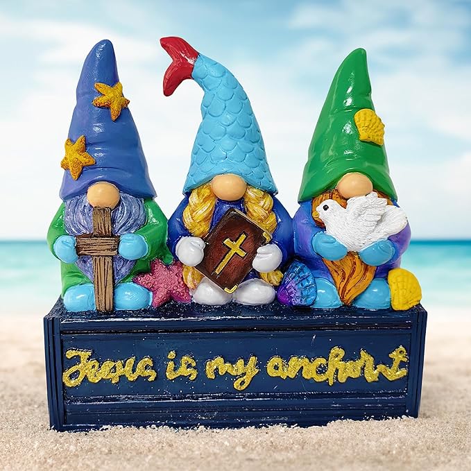 OrnamentallyYou Spring & Summer-Themed Garden Statues – Adorable Outdoor Decor for Lawn, Patio & Porch (Nautical Themed Religious Gnome Figurine, Jesus is My Anchor 6" Beach House Statue)