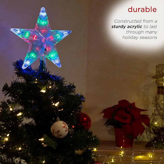 Alpine Corporation 8" H Flashing 5-Point Star Tree Topper with 31 Multi-Colored LED Lights, Christmas Decoration