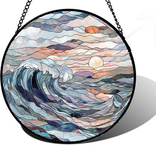 Stained Glass Window Hanging, Sunrise Waves Sun Catchers Diamond Glass Panel Hangings Abstract Suncatcher Decor for Birthday for Women, Men, Wife, Aunt, and Mom 9.8 in