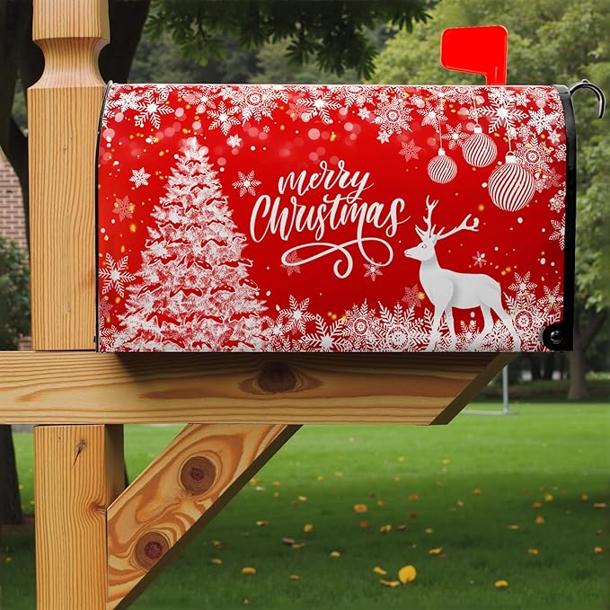 Merry Christmas Mailbox Covers Magnetic Large Size 25.5 x 21 Winter Deer Snowflake Oversized Mailbox Cover Xmas Tree Post Letter Box Cover for Outside Garden Yard Red