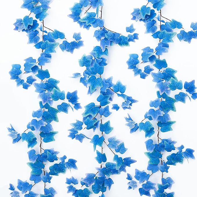 Mizii 3 Strands Artificial Vines Blue Ivy Garland 74" Fake Vine with Silk Leaves Faux Hanging Plants Greenery Decoration for Outdoors Wedding Party Indoor Bedroom Home Wall Room Decor (Blue)