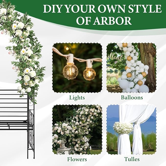 Garden Arbor with Garden Bench, 7FT Wedding Arches for Ceremony, Metal Arbor Trellis for Climbing Plants Outdoor, Black Garden Archway for Lawn, Patio and Backyard