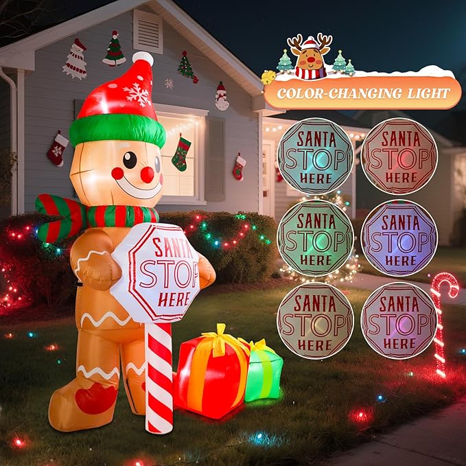 7 FT Christmas Inflatable Outdoor Decorations, Inflatable Gingerbread Man with Sign and Gifts Bags Built-in LED Lights Blow Up Yard Decorations for Holiday Indoor Outdoor Party Garden Lawn