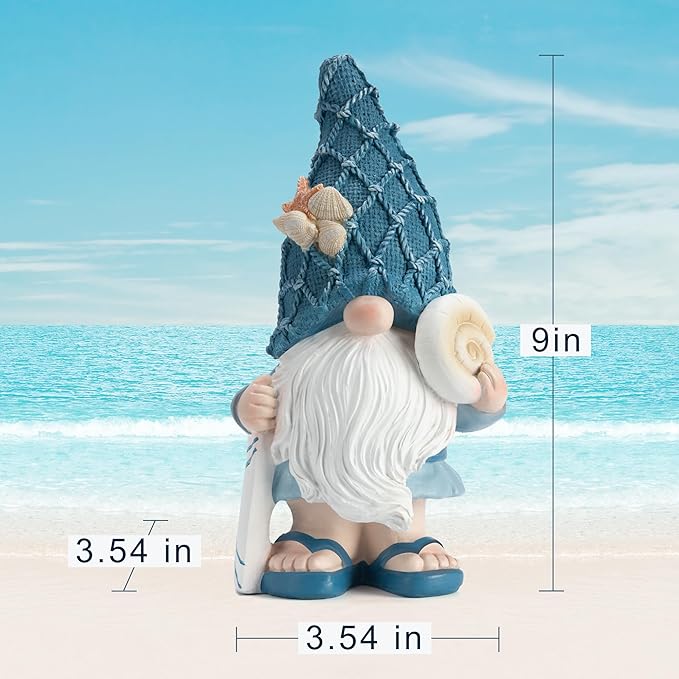 Beach Gnomes Statues,Ocean Gnomes,Nautical Themes Decoration,Beach, Gnome Holding a Surfboard