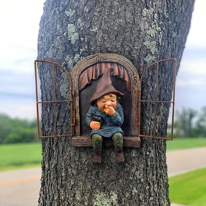 YWHWXB Elf Out The Door Tree Hugger,Garden Gnome Fairy Statue,Funny Garden Tree Decoration,Hanging Hand-Painted Sculpted Tree Faces Decor for Patio Yard Lawn Porch Decoration