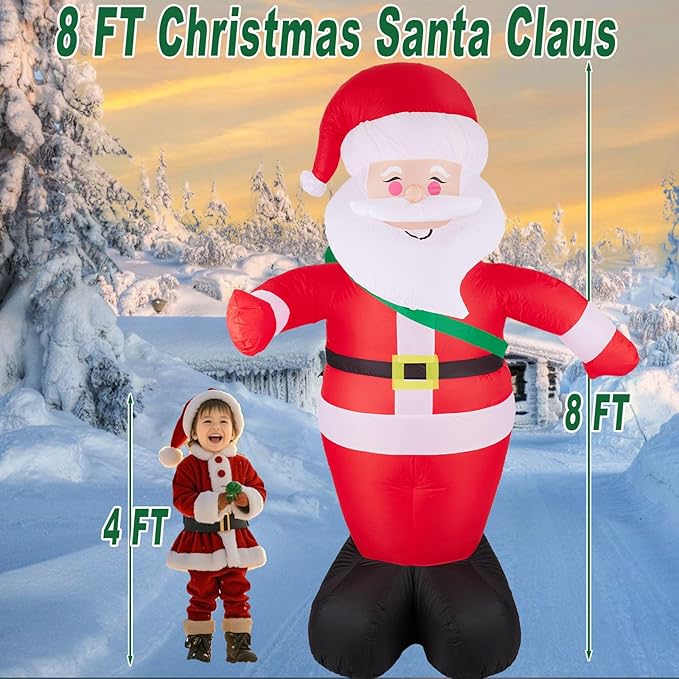 8 FT Christmas Inflatables Santa Claus Outdoor Decorations, Blow Up Yard Decorations Weatherproof Standing Smiling Santa Claus with Gift Bags, Built-in LEDs for Holiday Xmas Garden Lawn Decor