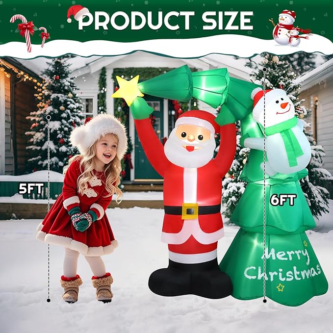 6FT Christmas Tree Santa Claus Inflatables Outdoor Christmas Indoor Trees Snowman Blow Ups Yard Decorations Inflatable Ouside Xmas Funny Blow Ups Yard Decorations for Party Garden Lawn Holiday Decor