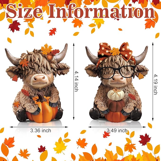 Karenhi 2 Pcs Highland Cow Figurines Thanksgiving Pumpkin Maple Highland Cow Gnomes Leaf Scottish Resin Statue Calf Lovers Gifts for Fall Home Garden Kitchen Office Tiered Tray Table Decor