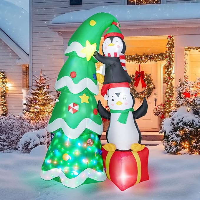 Christmas Inflatables Outdoor Decorations, with Rotating Colored Light+LED Lights, Large Blow Up Yard Decor,Christmas Party Outdoor, Yard, Garden, Lawn Winter (7 FT Penguins Climbing Tree)