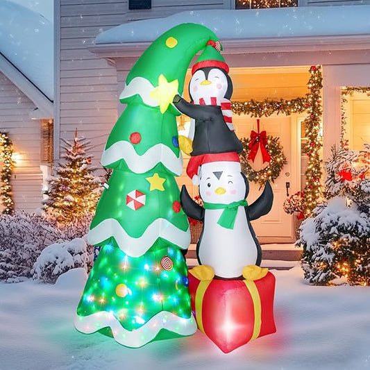 Christmas Inflatables Outdoor Decorations, with Rotating Colored Light+LED Lights, Large Blow Up Yard Decor,Christmas Party Outdoor, Yard, Garden, Lawn Winter (7 FT Penguins Climbing Tree)