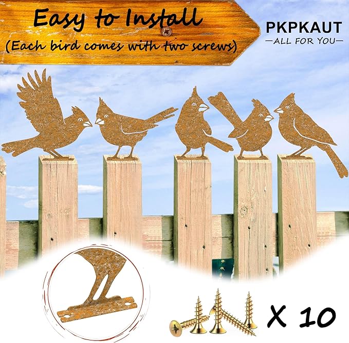 5-Piece Metal Bird Craft Statue Set - Cardinal Silhouettes, Rusty Finished - Perfect for Fence Toppers & Outdoor Decor