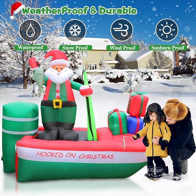 8FT Christmas Inflatables Santa Claus Fishing on a Boat with Colorful Gift Boxes, Giant Blow Up Santa Outdoor Decorations with Built-in Lights for Yard Lawn Garden Xmas Party Holiday Decor