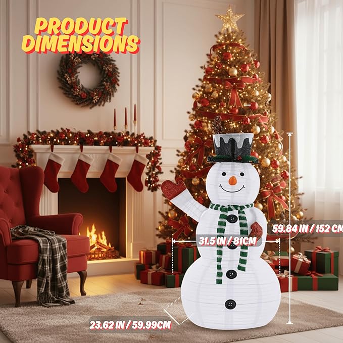 Christmas Decorations Outdoor, 60" Large White Snowman with Built-in LED Lights, Christmas Yard Decorations with Green Scarf and Magic Hat, Holiday Decor for Indoor Outdoor Use