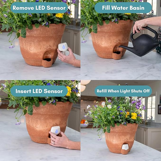 Bernini FirmaStone 15" Self-Watering Planters, Set of 2 – Durable Indoor/Outdoor Pots with Drainage Plug & Built-in Reservoir – Lightweight Garden Planters for Patio, Porch, Balcony (Black)