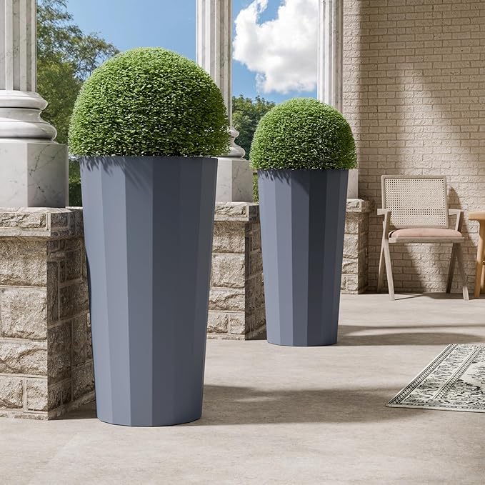 23.6" Tall Planters for Outdoor Plants, Large Outdoor Planters for Porch Decor with Drainage Hole, Wide Stripe Design Flower Pots Fits Indoor Plants Patio/Garden, Plastic Gray Blue (2 Pack)