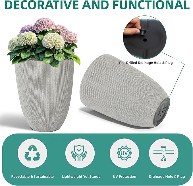 19" H Mediterranean Beige Round Planter for Outdoor Plants,Set of 2 Large Flower Pot with Drainage Hole,Weather-Resistant for Porch,Garden,Patio or Indoor Use, Ideal for Christmas Decoration