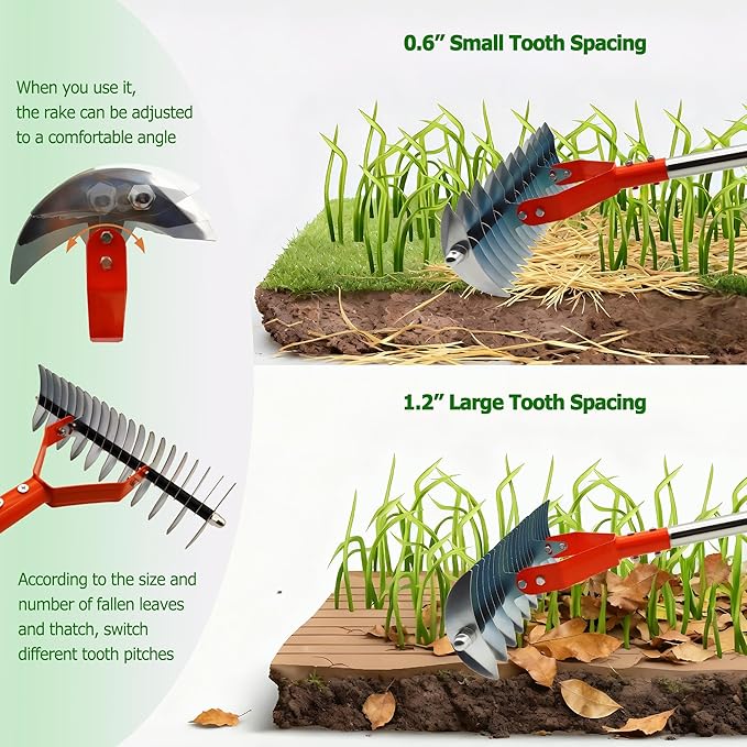 Thatch Rake,Lawn Thatcher Rake with Different Tooth Space, 68" Adjustable Length Thicker Handle for Cleaning Fallen Leaves, Lawn Renovation Care and Loosening Soil
