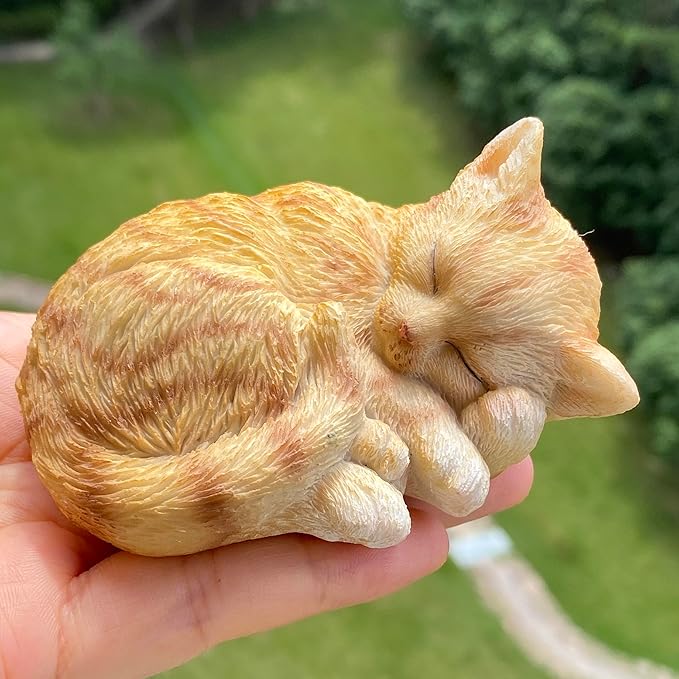 Mini Resin Orange Tabby Cat Statue, Simulated Feline Sleeping Kitten Sculpture, Hand Painted Pet Memorial Figurine for Garden, Desk, or Shelf Decor