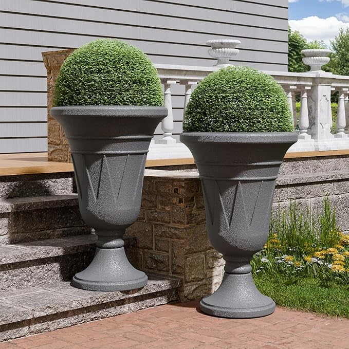 Tall Plastic Urn Planters for Outdoor Plants Set of 2-23.6" H Classic Trophy Design Indoor Large Flower Pots with Drainage Holes, Outdoor Planters for Porch Decor/Garden Vase, Grey