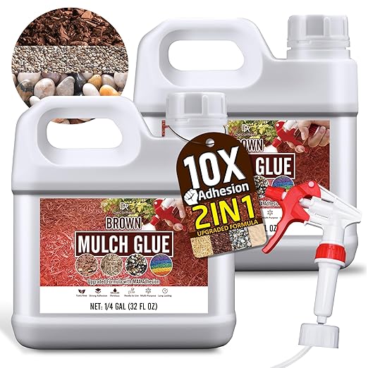 Mulch Glue - Ready to Use Landscape Adhesive - Mulch Adhesive & Gravel Glue for Bark, Pea Gravel, Stones | Non-Toxic Mulch Binder with Applicator - Brown Mulch Dye & Landscape Lock (0.5 Gallon)