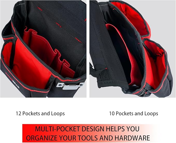 KUNN Tool Belt with Suspenders - Pro Framer Belt/Suspenders Combo Apron(Removable Pouch and Waist Belt) with Multiple Pockets & Hammer Holder for Carpenter,Construction and Electrician,Red