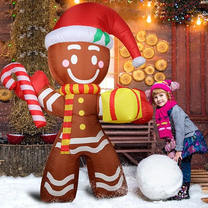 8FT Inflatable Gingerbread Man Outdoor Christmas Decoration,Built-in LED Lights Blow Up for Yard, Gardern, Lawn, Indoor Xmas Holiday