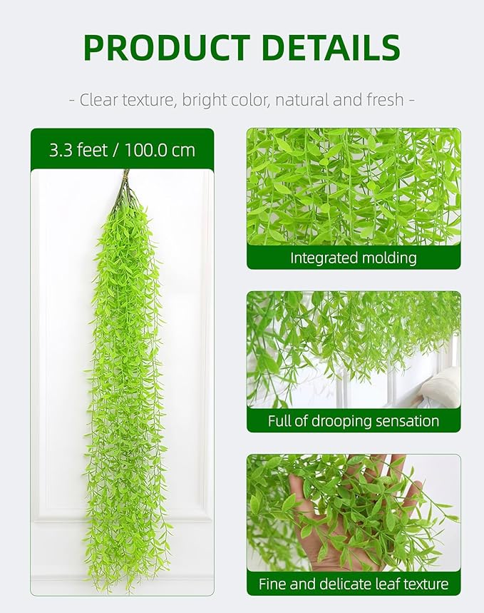 5 Pack Artificial Hanging Willow Vine (3.3ft) - Fake Greenery Plants for Indoor/Outdoor Decor, Wedding & Photography - Pure Green Design (No Basket Included)