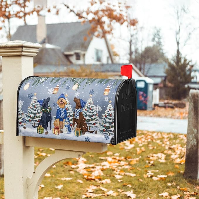 Winter Dog Magnetic Mailbox Cover, 25.5x21 Inch Christmas Puppy Tree Snowman Decorative Waterproof Mailbox Wrap Letter Post Cover Large Size for Garden Yard Outdoor Season Outside