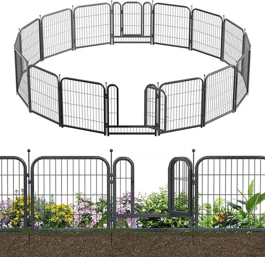 Decorative Garden Fence 36ft (L)×32in (H) with 14 Panels 2 Gate Outdoor, No Dig Rustproof Wire, Metal Animal Barrier Fencing for Yard Patio Flower Bed,（Black-Silver）