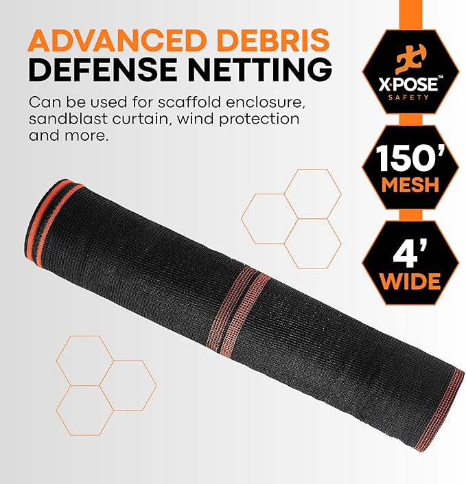 Xpose Safety Construction Safety Debris Netting - Temporary Material Roll, Mesh Scaffold Net Enclosure, Visibility Barrier, Fencing Roll, Heavy Duty Fire Retardant (Black, 1/16" Mesh 4' x 150')