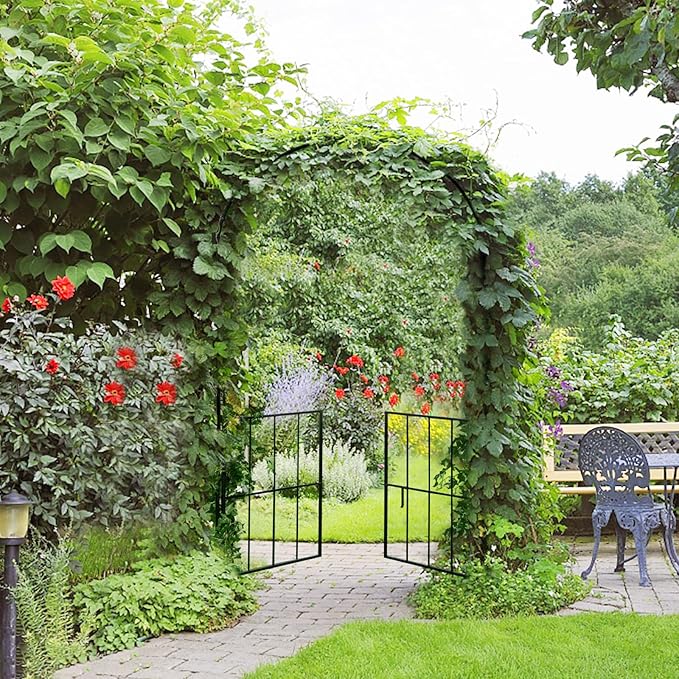 Tangkula 7.5Ft Garden Arbor with Gate, Metal Garden Arch with Trellis for Climbing Plants, Roses, Vines, Outdoor Garden Archway for Wedding Bridal Party Decoration Ceremony (Black)